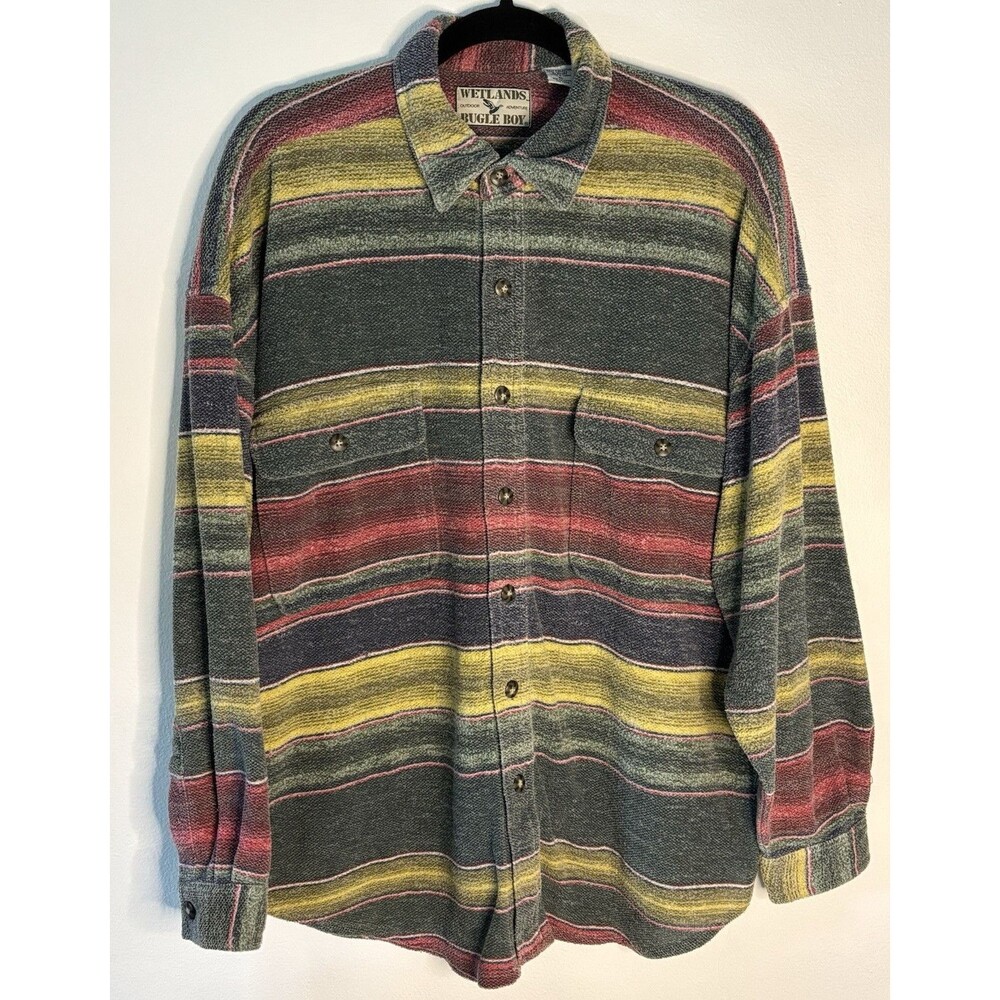Bugle Boy Wetlands Men's XL Striped Long Sleeve Button-Up Shirt Pockets